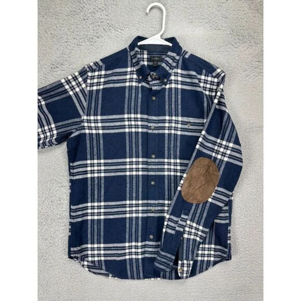 J Crew Flannel Shirt Mens Medium Blue Plaid Wool Blend Button Down Long Sleeve